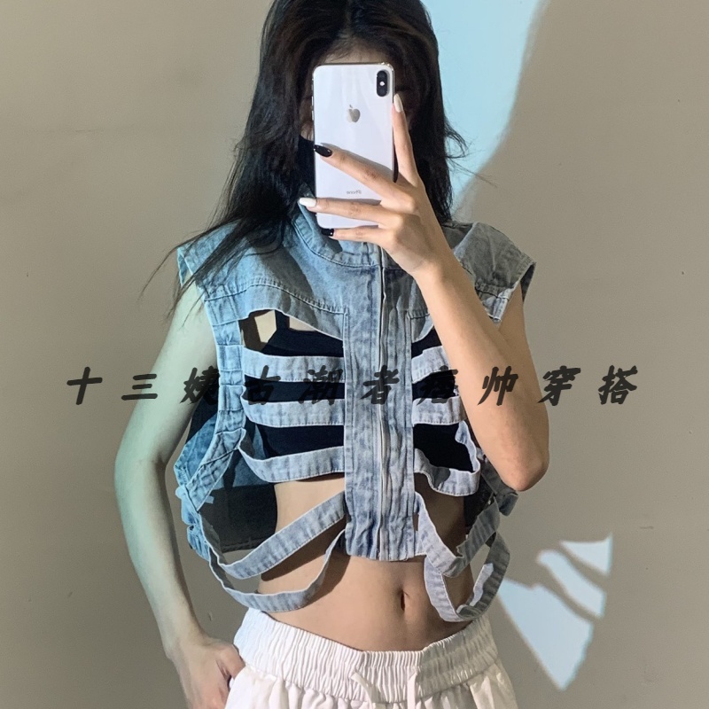 W22新款高腰立领做旧镂空排骨马甲男骷髅牛仔外套情侣背心显瘦