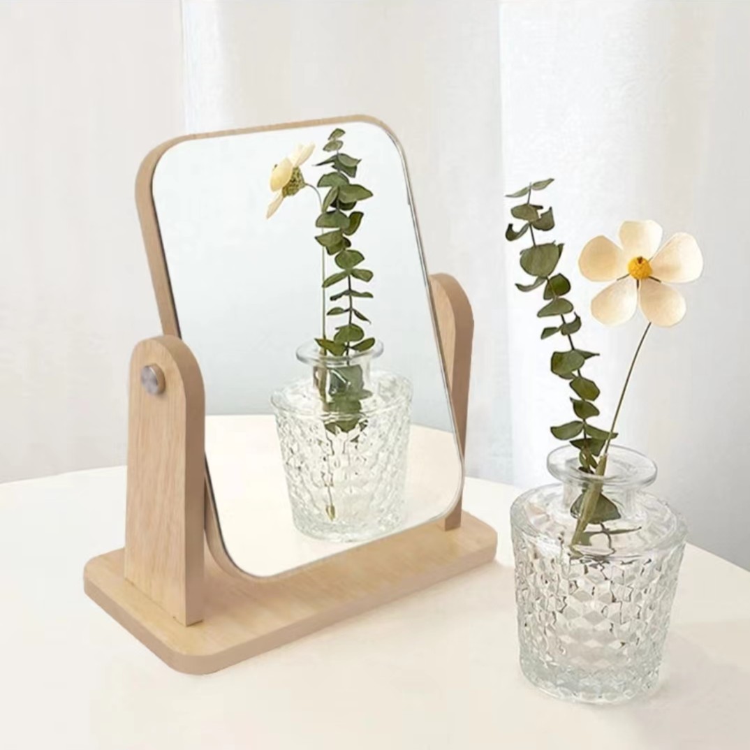 【粉色福利】网红化妆镜高清原木台式旋转学生宿舍家用梳妆镜简约