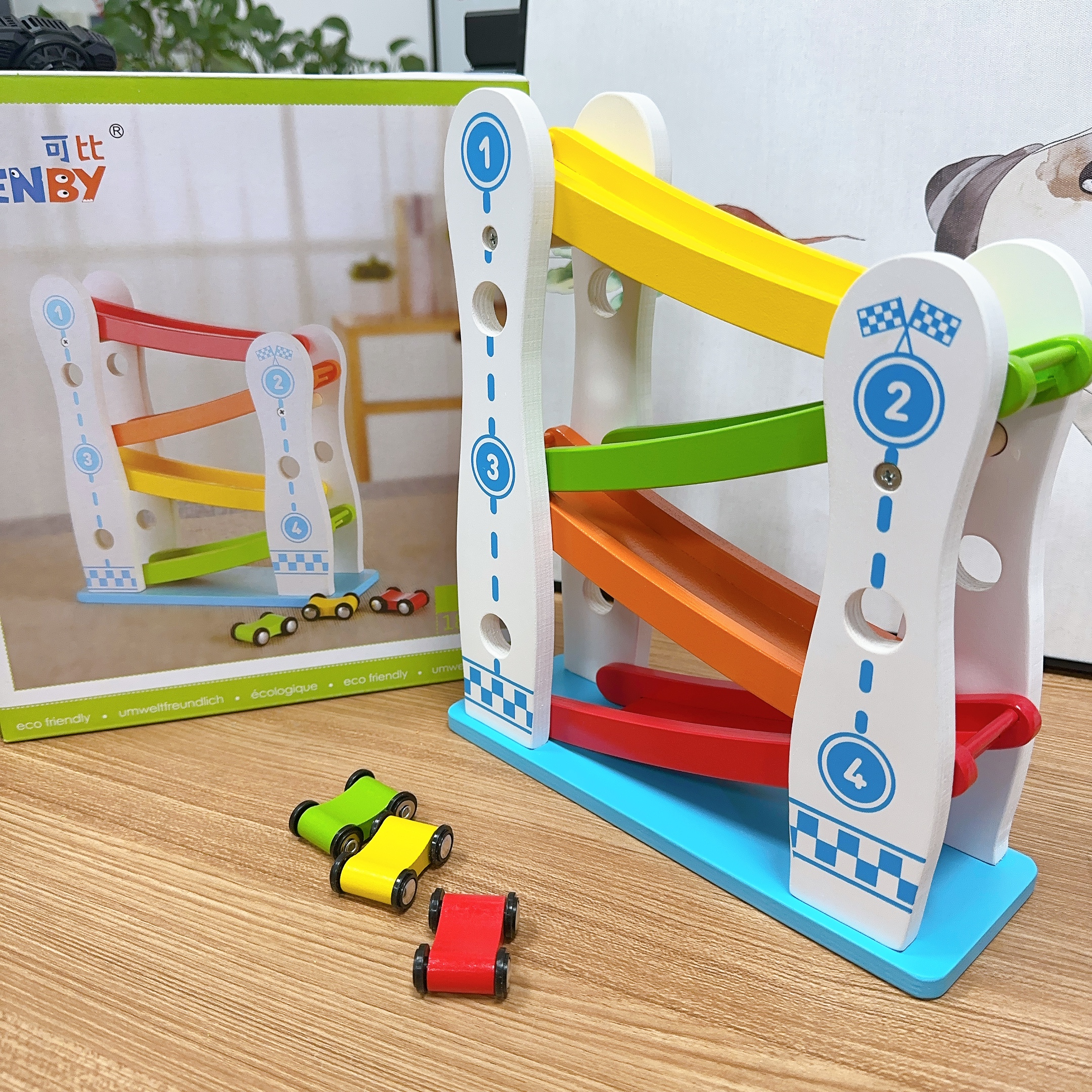 实木4层滑翔轨道车幼儿童0-3岁视觉追视宝宝早教玩具