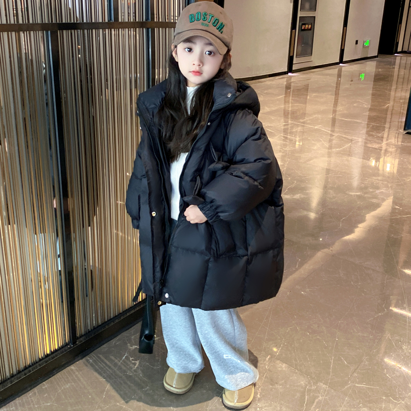 女童连帽羽绒服冬季保暖宽松洋气黑色中长款6-12岁女孩公主外套9