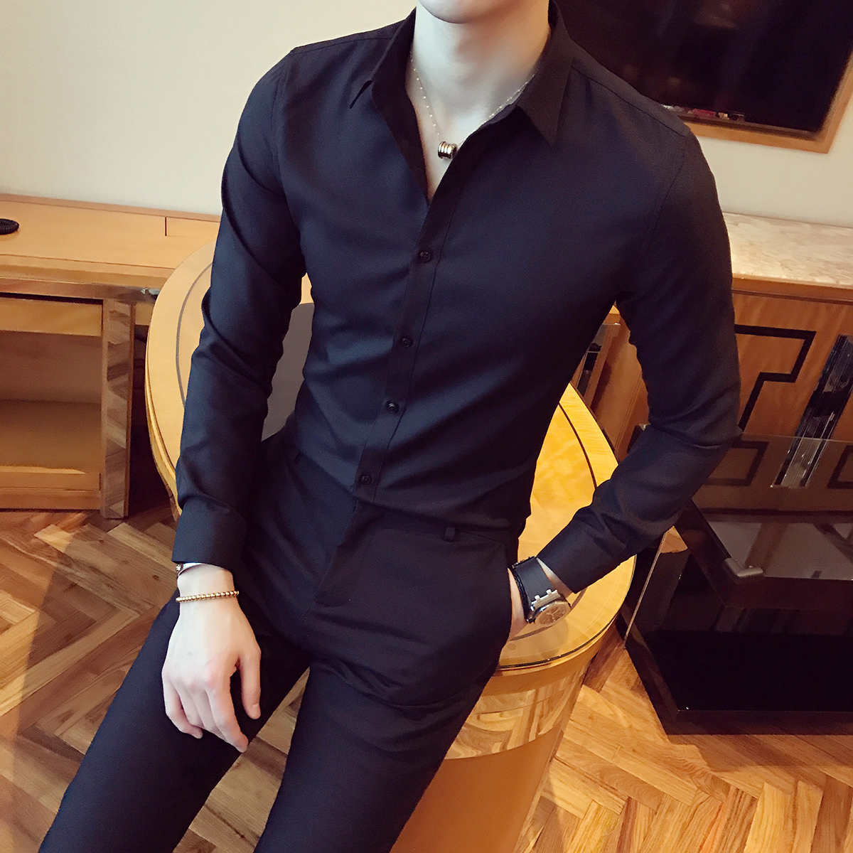 春秋季男士韩版修身长袖衬衫2023爆款商务休闲男装高级感痞帅衬衣