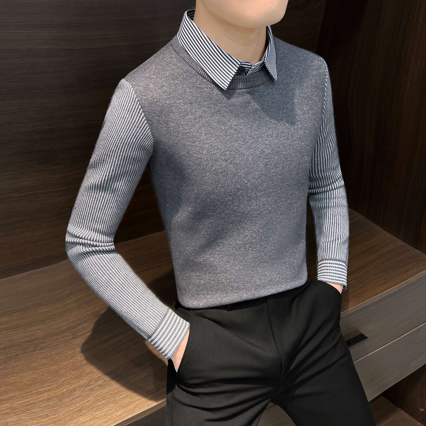 假两件衬衫男款长袖痞帅高级感男装春季新款2024爆款男士条纹衬衣