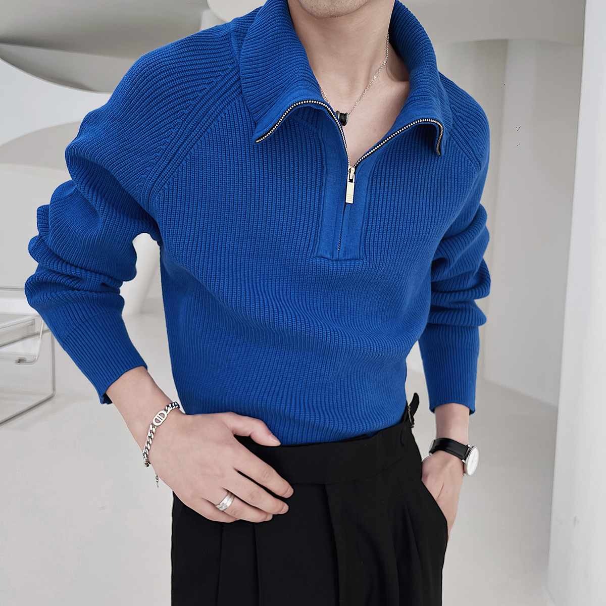 轻熟风半拉链毛衣男士秋装长袖打底衫2023爆款克莱因蓝翻领针织衫