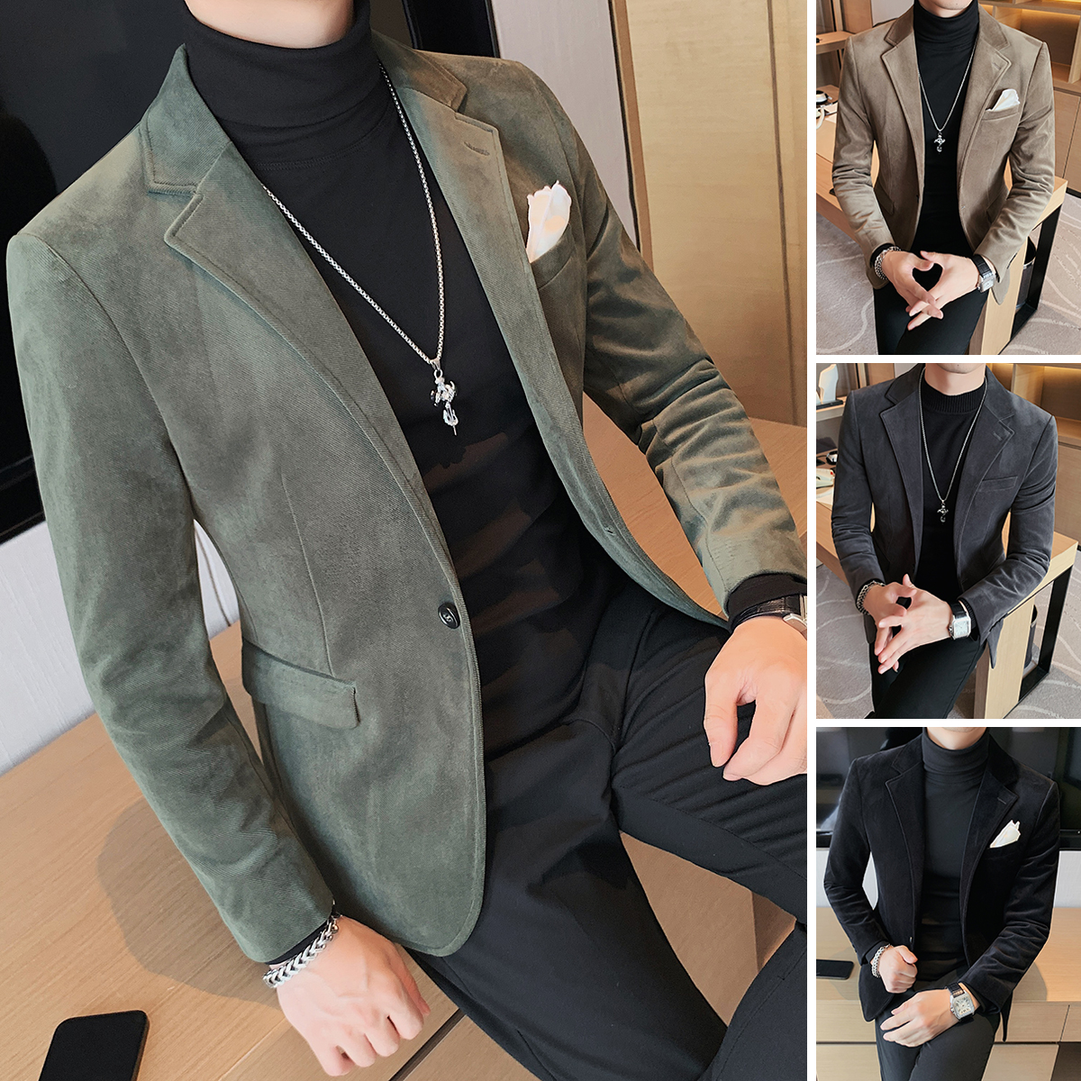 平绒小西装外套男款春秋英伦雅痞风格男装修身痞帅西服单件上衣男