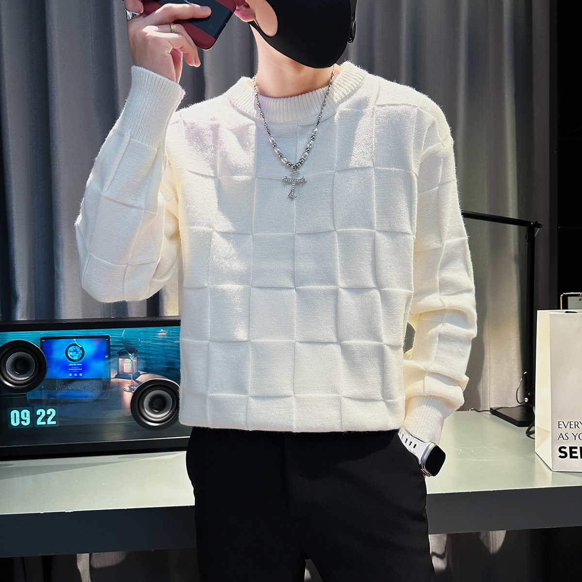 格子毛衣男款2023新款爆款冬季男装上衣秋冬款内搭男士针织打底衫