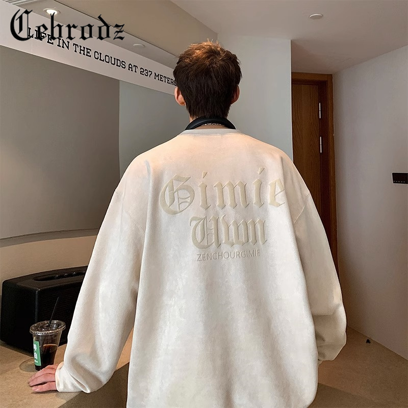 Cebrodz重磅男士卫衣秋季2023新款美式复古高街潮牌印花圆领上衣