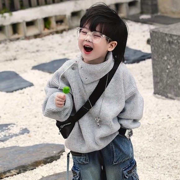 童装毛衣冬季高领2023新款纽扣翻领保暖针织宝宝帅气上衣儿童春秋