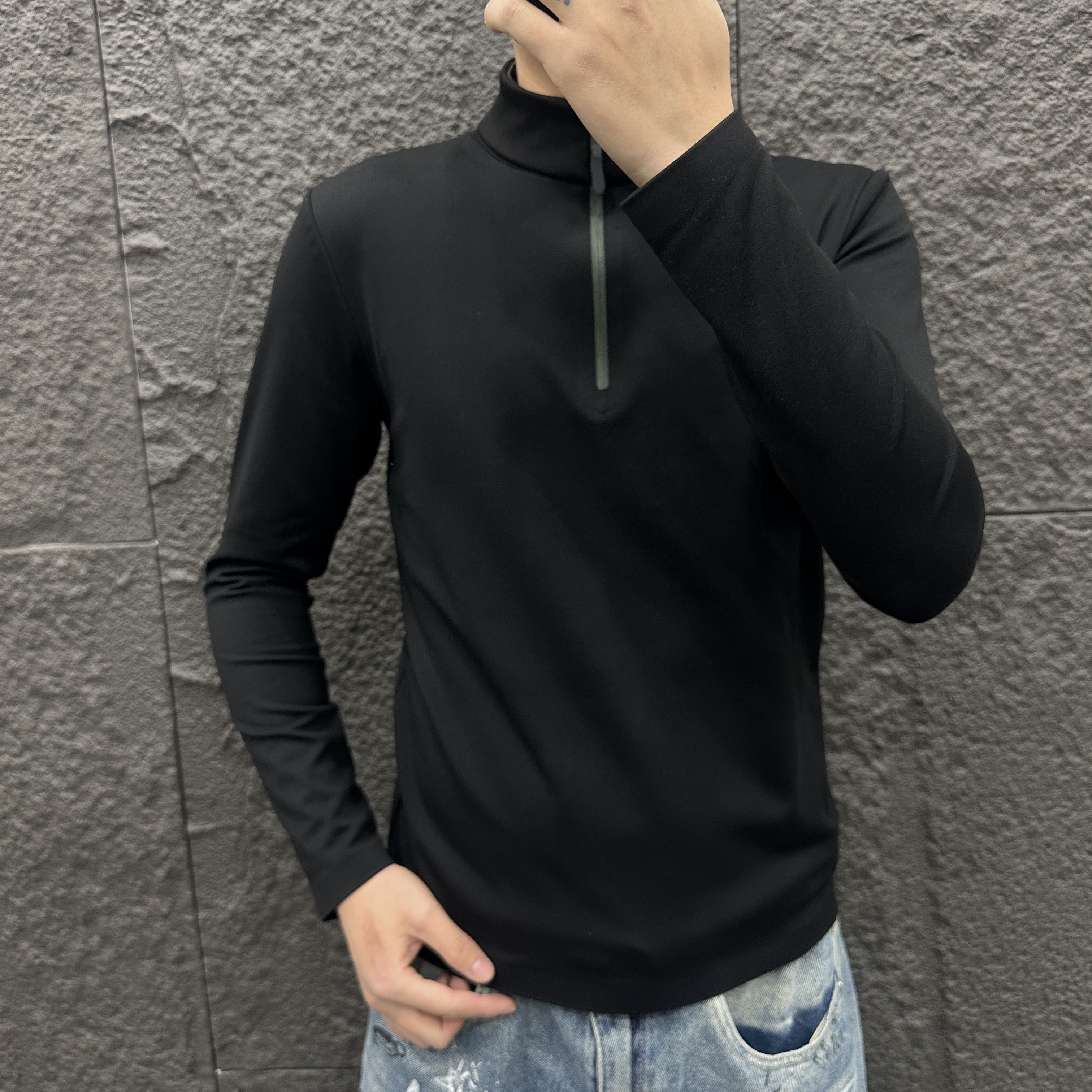 33625冬季新款加绒立领拉链百搭T恤高奢气质男款休闲长袖修身