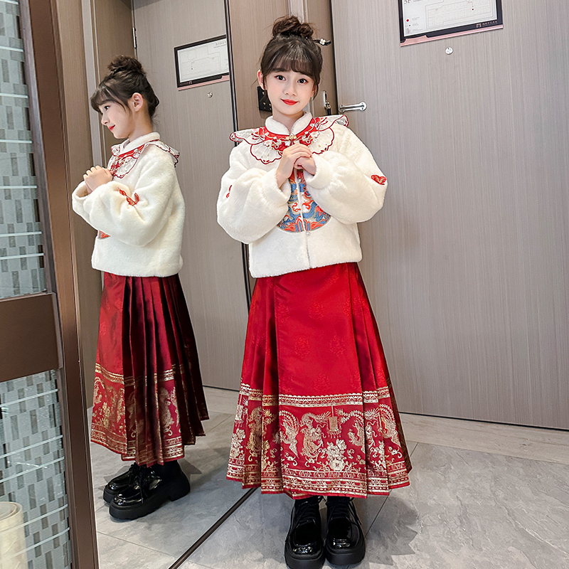 儿童汉服套装女童中式拜年服冬装唐装过年礼服裙秋冬中国风演出服