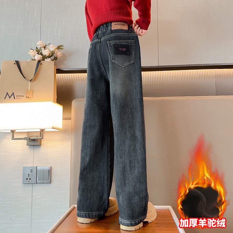 女童加厚牛仔阔腿裤2023冬季新款中大儿童6-12岁15岁洋气加绒裤子