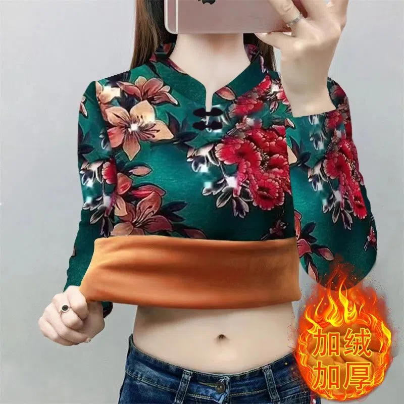 加绒加厚打底衫女冬保暖时尚遮肚子大码女装洋气内搭长袖T恤上衣