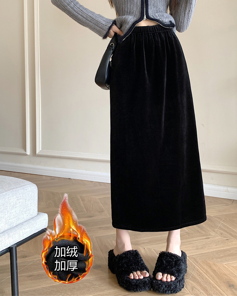 6319女装胖MM秋冬季加绒加厚金丝绒半身裙高腰百搭黑色