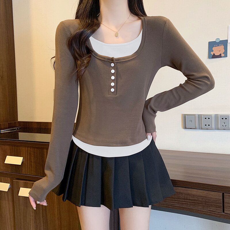 【小可爱专属】2023秋装新款胖mm多巴胺穿搭假两件拼接长袖