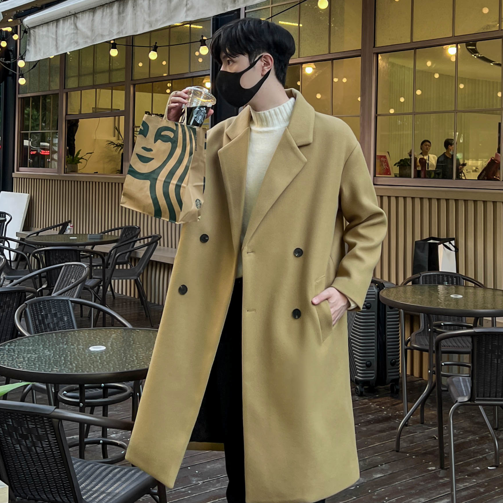 德式英伦雅痞杭州意法风衣外套男款韩系慵懒风痞帅双排扣毛呢大衣