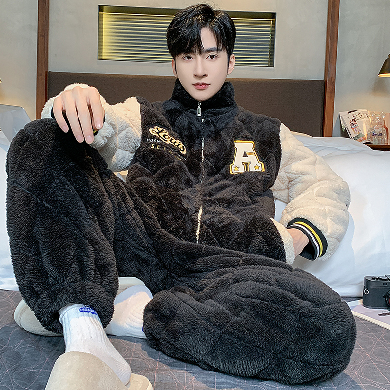 青中年三层夹棉加绒加厚冬天睡衣男套装冬季羊毛绒冬款保暖家居服
