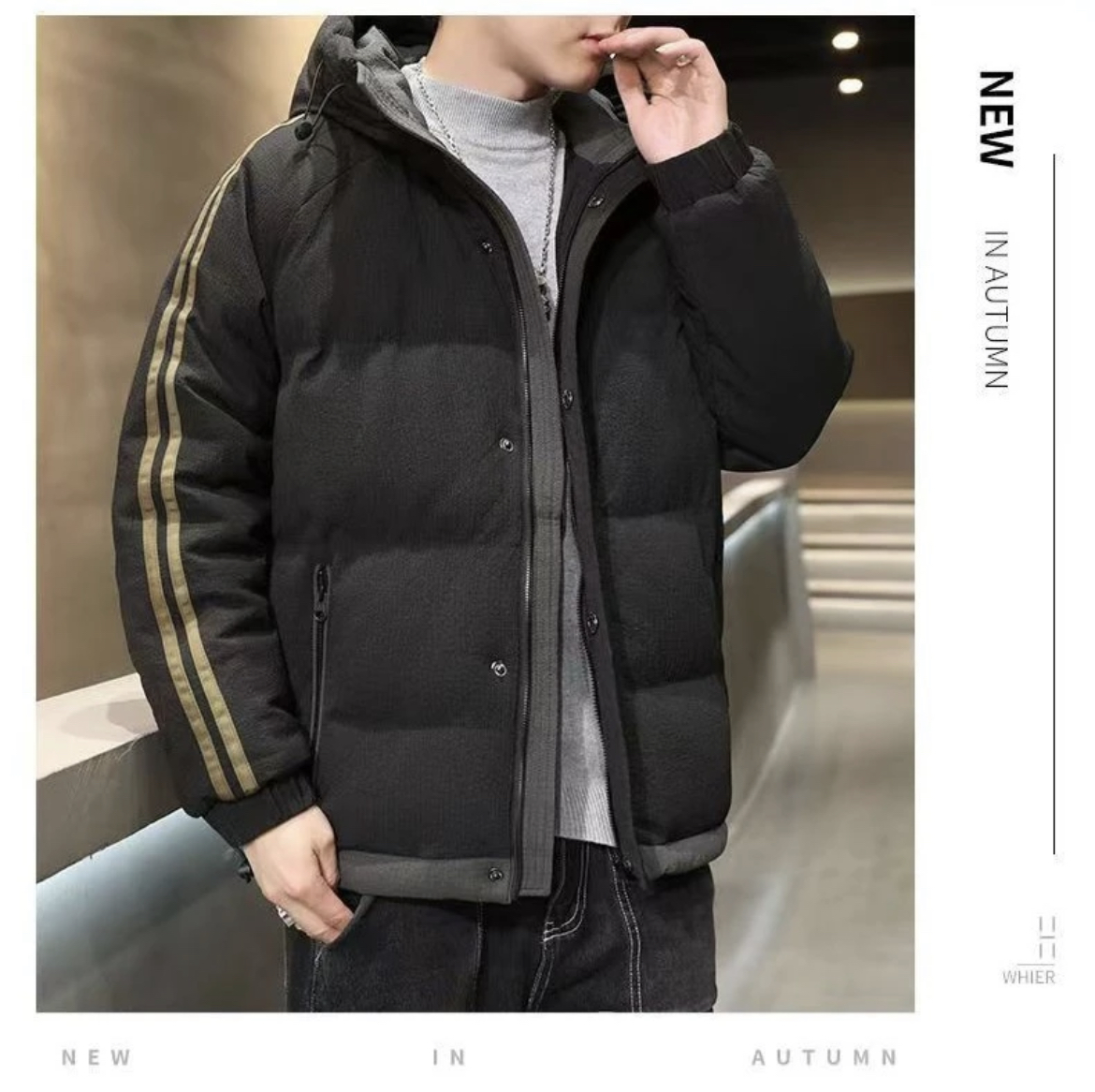 【李生严选】冬季新款休闲时尚百搭黑色骑行服连帽宽松中款棉服LS01