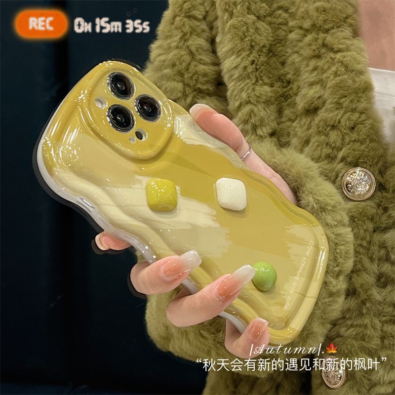 晕染抹茶黄绿油画立体方形苹果14ProMax手机壳iPhone12网红13爆款