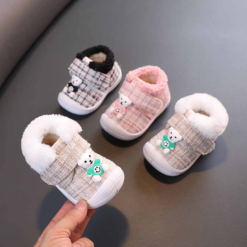 2023冬季新款加绒保暖0-1-2岁婴幼儿学步鞋宝宝棉鞋卡通小熊棉鞋