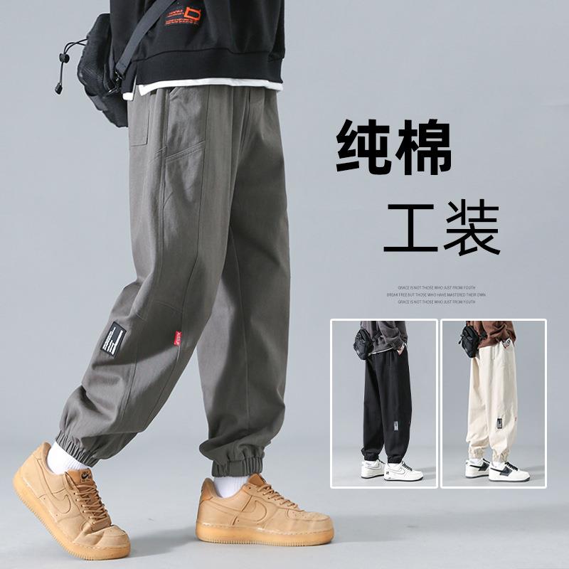 工装裤子男款春秋季2023新款洋气潮流美式宽松运动裤束脚休闲长裤