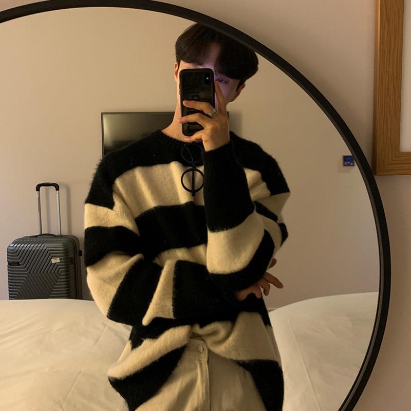 圆领设计感慵懒条纹毛衣新款针织衫宽松美式上衣潮男潮毛衣男冬季