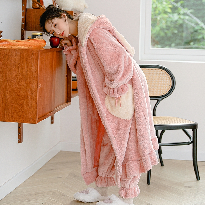 睡袍珊瑚绒睡衣女秋冬季加厚2023新款韩范浴袍甜美卡通家居服套装