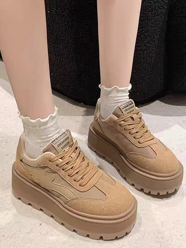 韩版磨砂皮厚底休闲鞋女超轻松糕底拼接色系运动百搭板鞋  6206