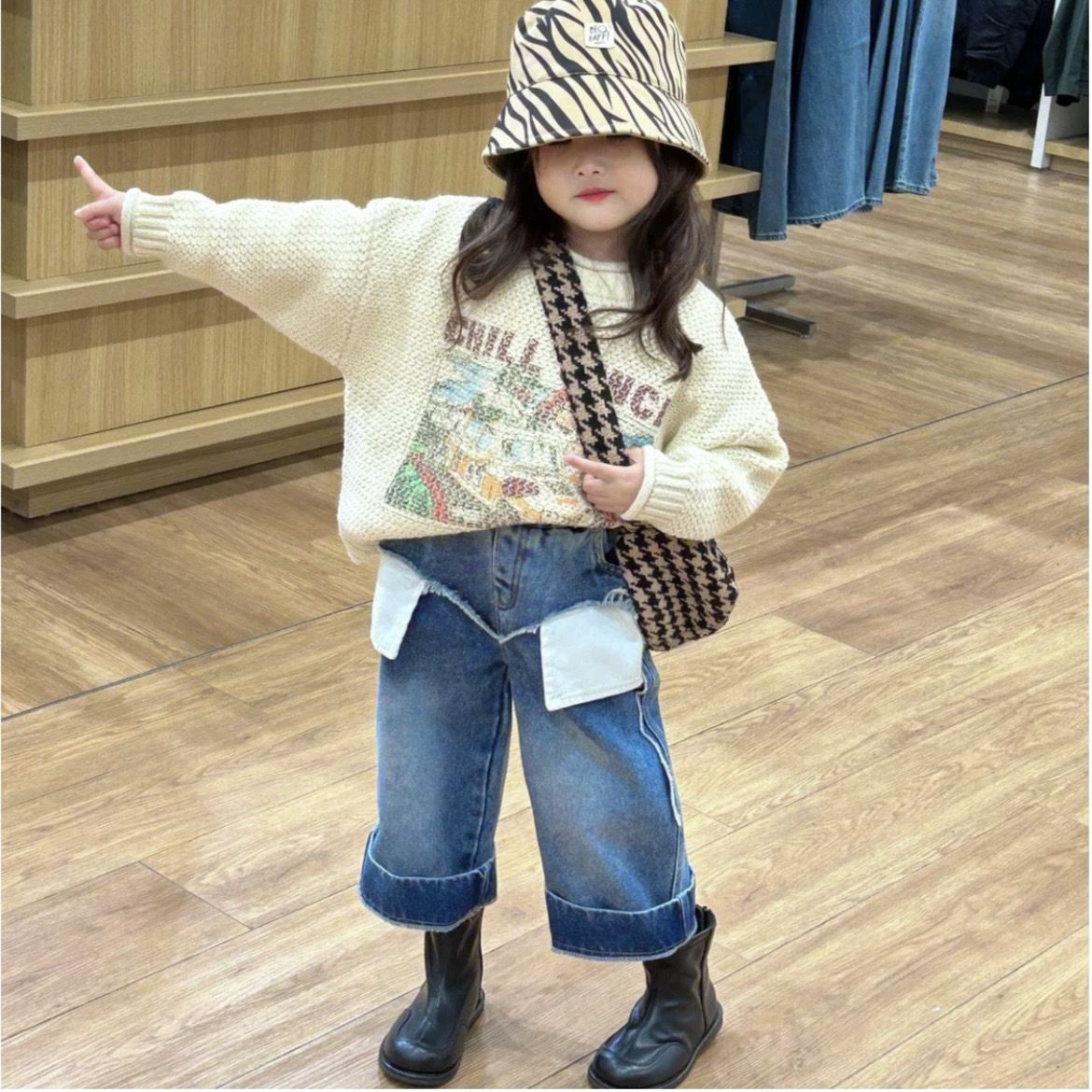 女童秋冬套装2023女宝宝洋气套头毛衣牛仔阔腿裤两件套女孩秋装潮