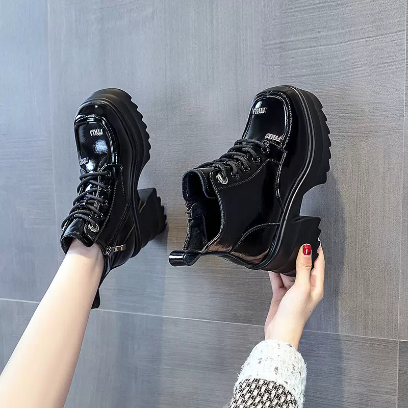 回力瑞2023百搭秋冬增高欧货女王范漆皮马丁靴女鞋休闲马丁靴长筒