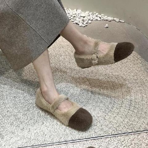 回力瑞法式玛丽珍毛毛鞋仙女温柔2023年新款秋冬季外穿加绒豆豆棉