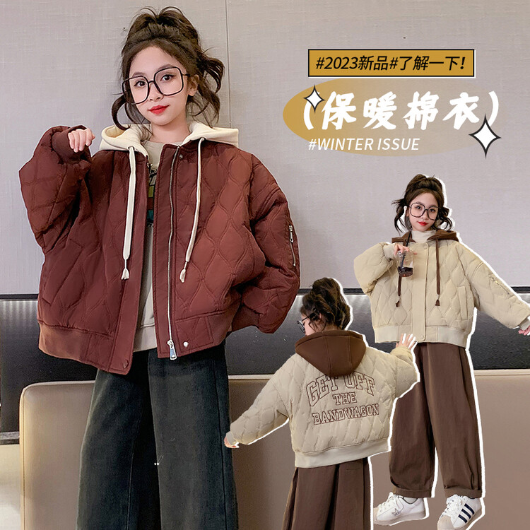 女童秋冬夹棉外套2023新款女大童装连帽加厚棉衣儿童网红洋气上衣