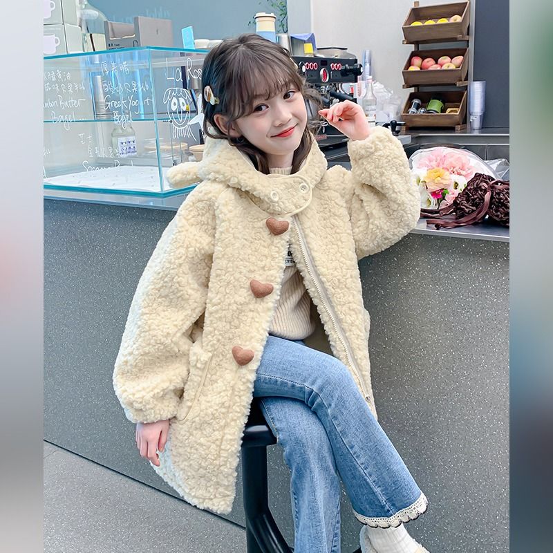 女童毛毛衣外套2023新款加厚中大童外套冬季羊羔绒冬装中长款大衣