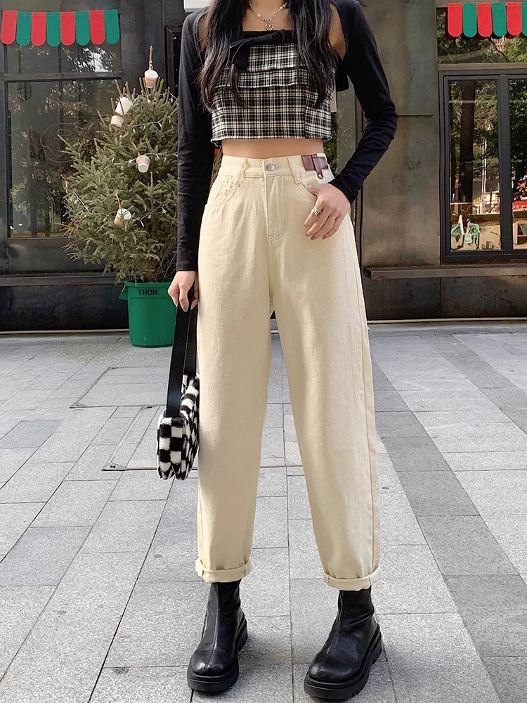 杏色加绒加厚牛仔裤女秋冬新款胖妹妹大码高腰显瘦直筒萝卜哈伦裤