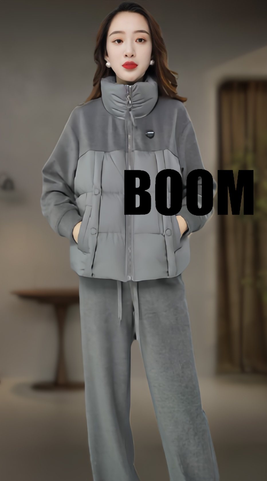 加绒加厚羽绒两件套设计师款腔调立领套装保暖白鸭绒服拼接裤套装