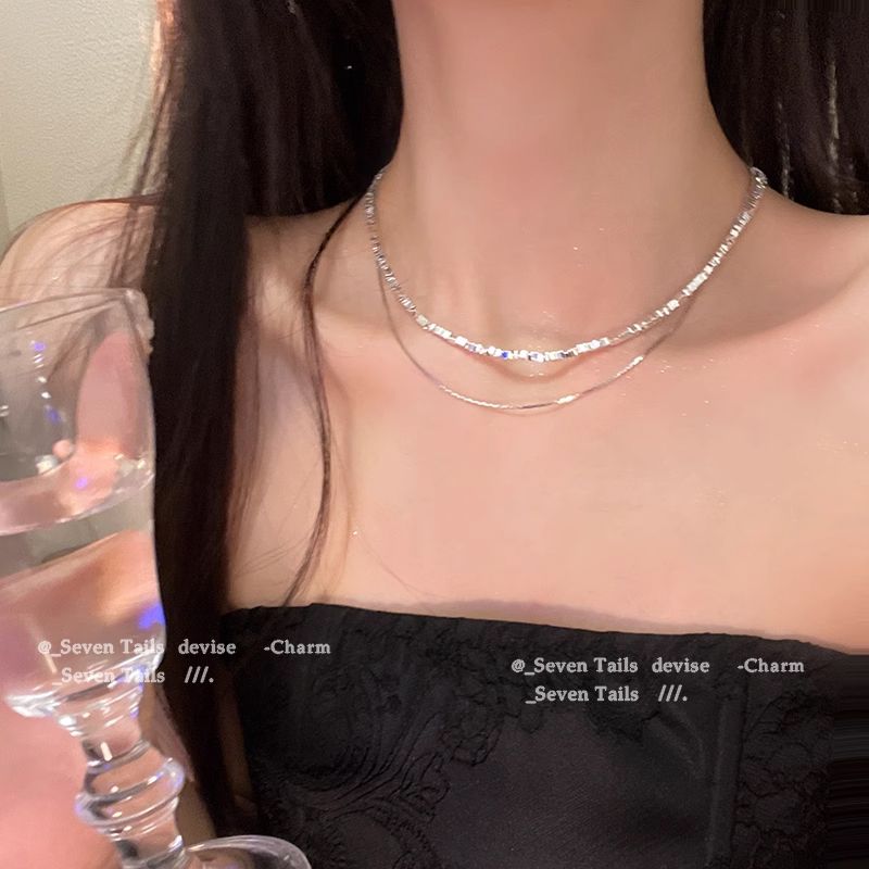 铜合金项链 高级感碎银子极细项链女轻奢小众设计双层叠戴锁骨链