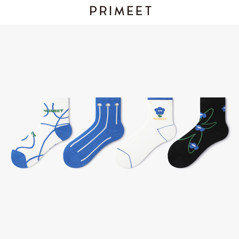 PRIMEET/派米原创潮流蓝色中筒袜春夏条纹短袜运动短筒袜简约棉袜