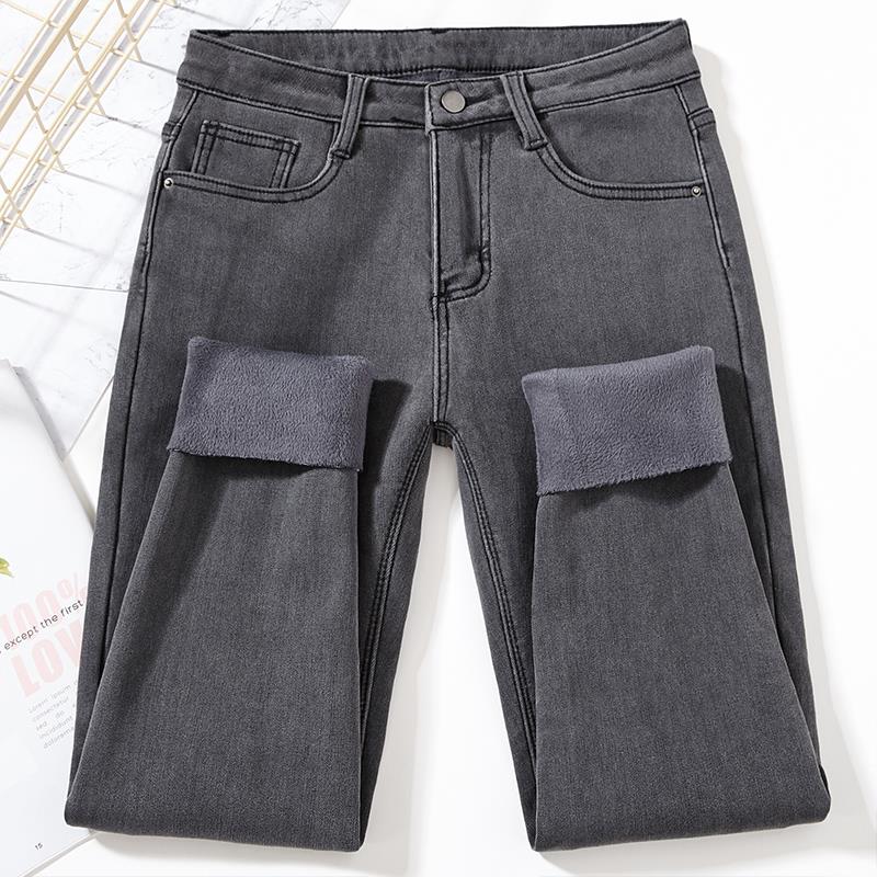 2023冬季加绒牛仔裤女高腰显瘦烟灰色九分毛边小脚裤加厚紧身保暖