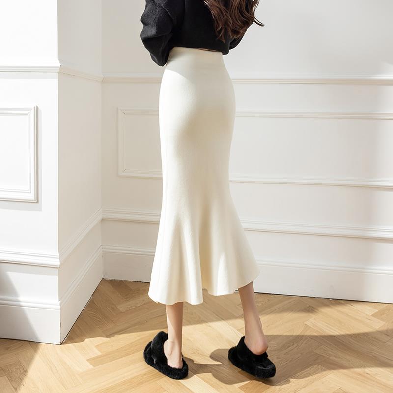 白色加厚针织半身裙女秋冬季中长款高腰修身荷叶边a字包臀鱼尾裙