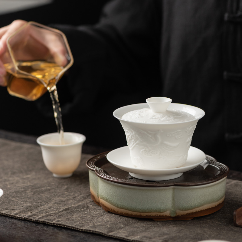 陶瓷茶具大号盖碗羊脂玉白瓷茶碗盖碗三才盖碗茶杯浮雕纯白泡茶碗