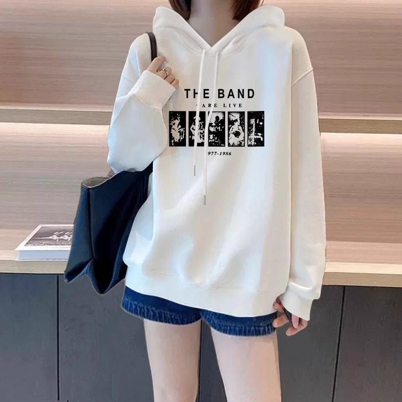 2024秋冬新款宽松中长款连帽卫衣女慵懒风白色加绒加厚遮屁股上衣