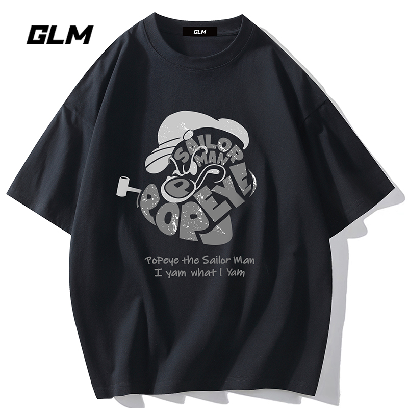 【大力水手联名】集团品牌GLM夏季纯棉黑色潮流短袖T恤大码半袖体恤