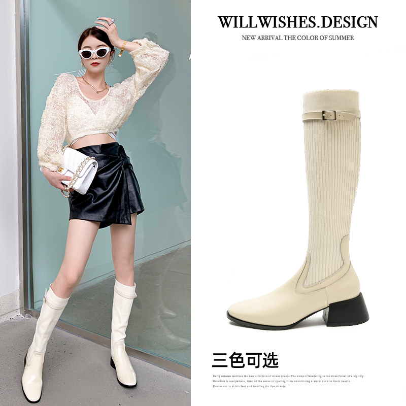 WILLWISHES/王玎不过膝筒靴女23秋季新款瘦瘦靴粗跟高筒弹力袜靴