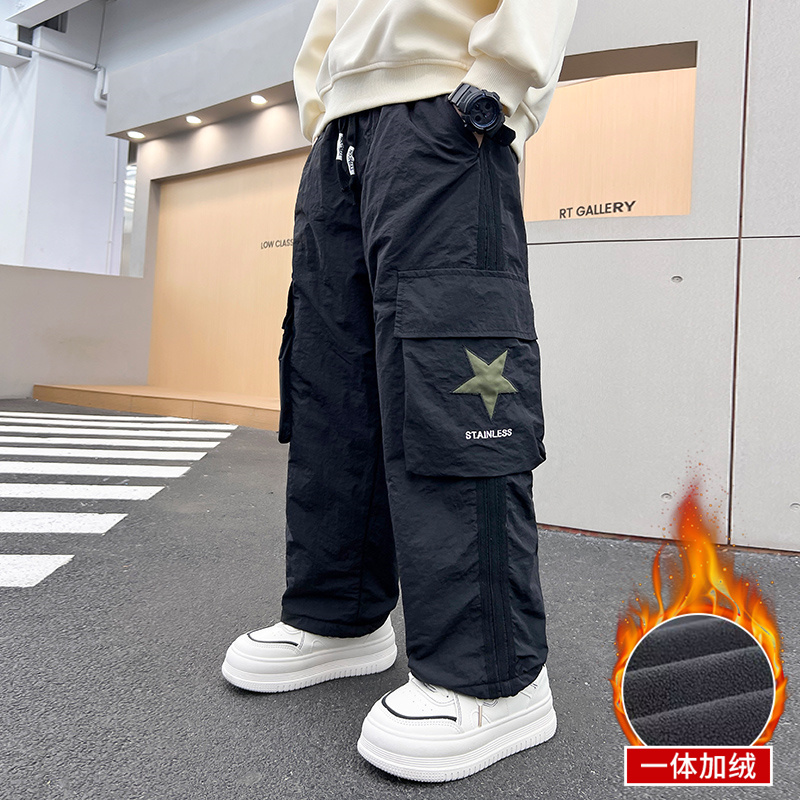 男童冬季工装裤2023新款中大童帅气加绒裤子潮中大童一体绒休闲裤