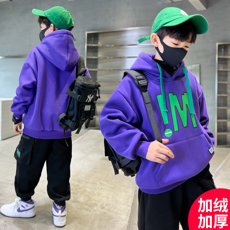 男童加绒卫衣秋装2023新款一体绒加厚儿童中大童冬季上衣男孩洋气