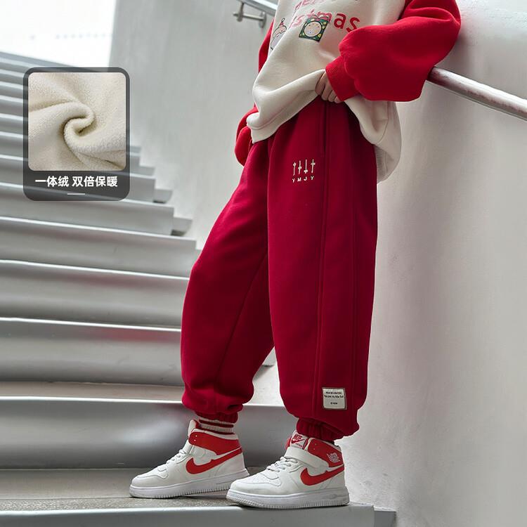 男童加绒红色裤子冬季2023新款中大儿童一体绒卫裤男孩加厚休闲裤