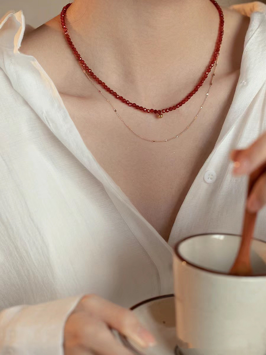 铜合金仿水晶项链 新款时尚红水晶小金珠项链X3125