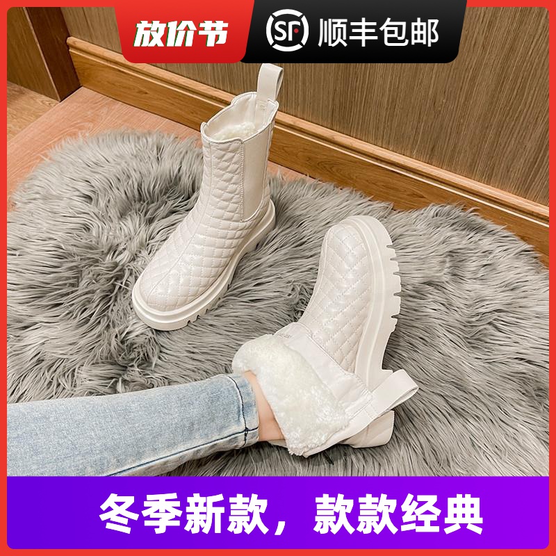 新款韩版白色女中筒雪地靴防水棉靴女冬加绒加厚保暖马丁靴