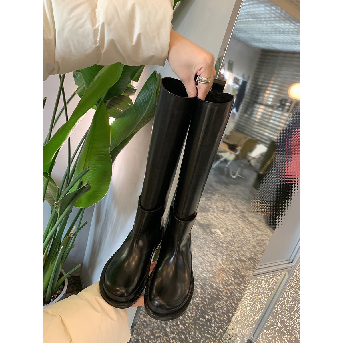 葡萄妈圆头厚底增高显瘦后拉链长筒骑士靴子女冬季加绒
