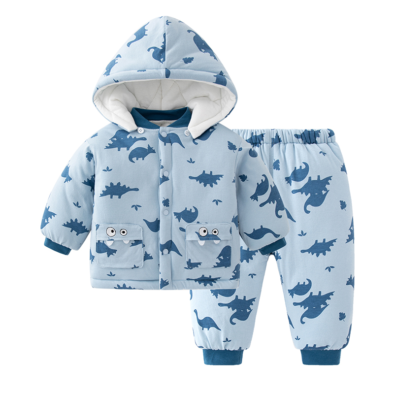 婴儿冬季纯棉夹棉套装带帽宝宝儿童衣服保暖加厚外出服棉服两件套