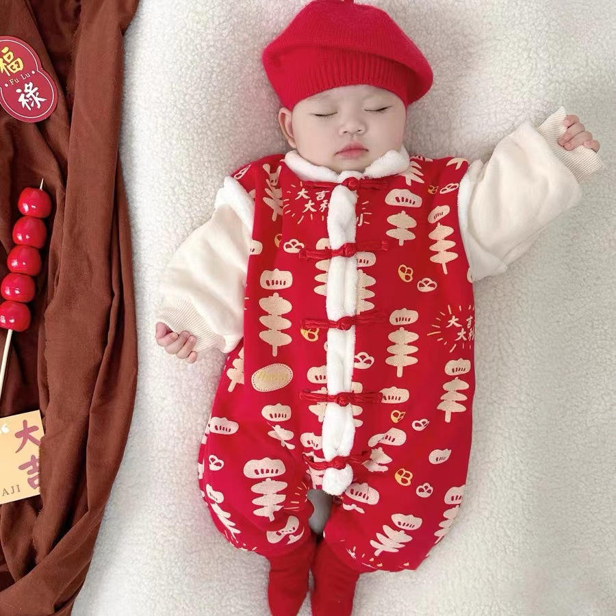 婴儿冬装夹棉加厚衣服男女宝宝外出抱衣满月初生儿连体衣秋冬保暖