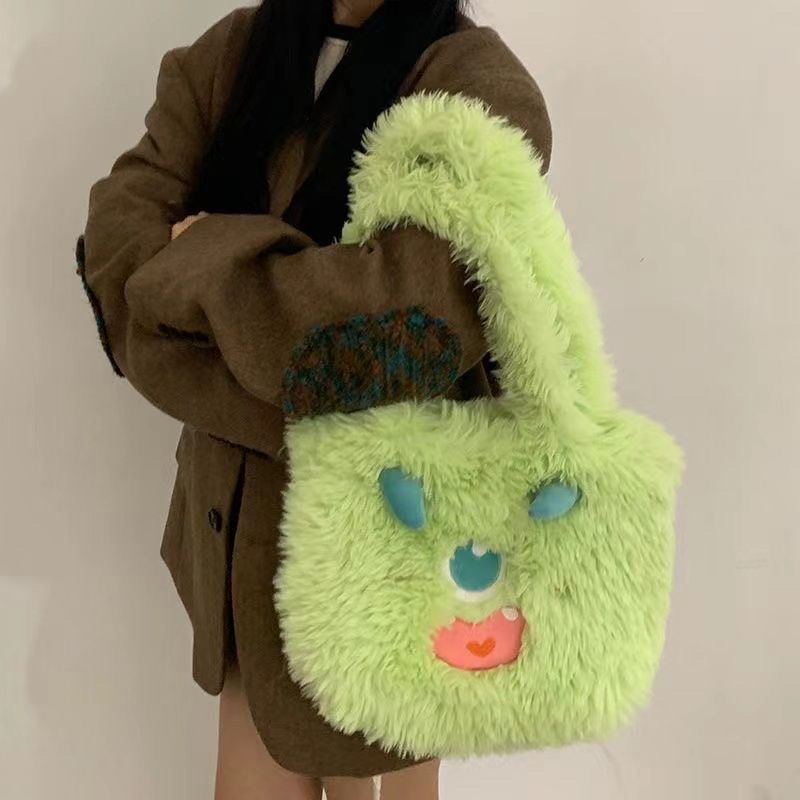可爱小众怪兽卡通毛绒包大容量女学生手包手提包托特包礼物百搭风